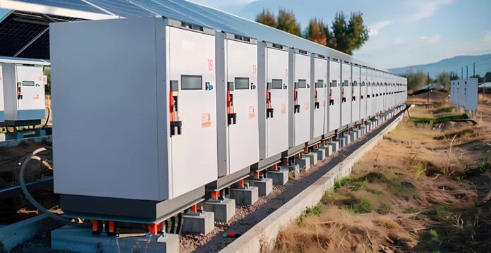 Battery units at an energy storage system with blue sky overhead