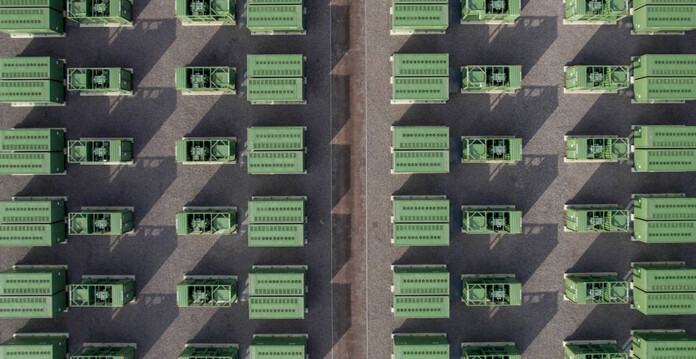 BESS Drone shot of green battery units at a large battery storage project