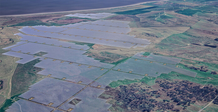 Rendered image showing aerial perspective of a massive solar farm