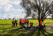 Indigenous artefacts repatriated after EnergyConnect A group of people in hard hats and high-vis workgear return Indigenous artefacts to a site with a tree and transmission tower in the background