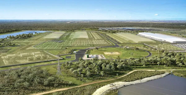 Rendered image of a data centre set in a beautiful rural landscape