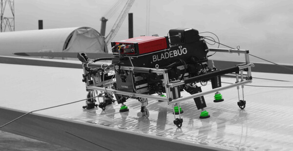 Close-up of BladeBug robot on a wind turbine blade