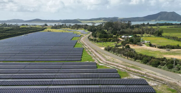 Aerial shot of Pukenui Solar Farm in New Zealand