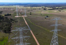 First transmission lines strung in Central-West Orana REZ Aerial shot of new transmission line at Central-West Orana REZ