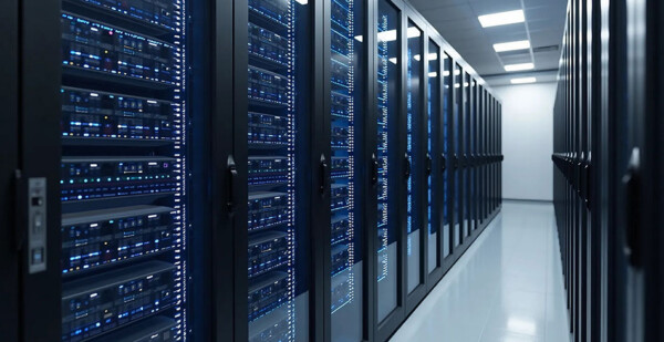 Servers inside brightly lit data centre