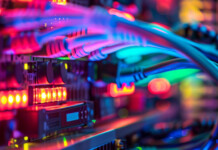 Spotlight on the data centre debate Close-up of server lit by brightly coloured LED lights