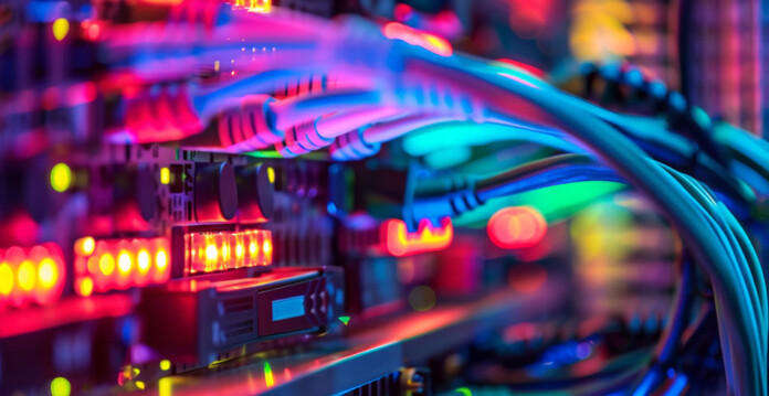 data-centre-server Close-up of server lit by brightly coloured LED lights