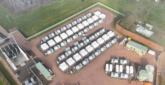 Aerial shot of battery units and infrastructure at the Terang Battery project