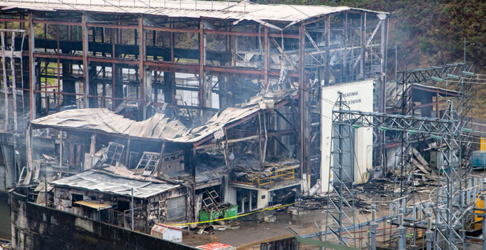 tungatinah-power-station-fire Fire-ravaged structure and debris after Tungatinah Power Station fire