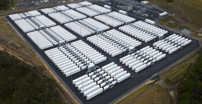 Aerial view of the Waratah BESS site with battery units and grid infrastructure