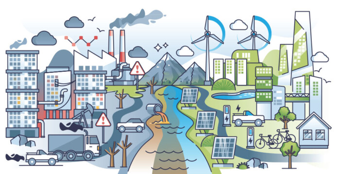 Illustration of divided city with one half running on fossil fuels and the other half running on renewable energy