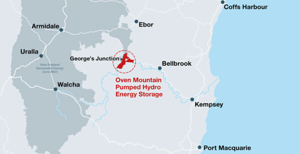 Map showing location of Alinta's proposed Oven Mountain Pumped Hydro Scheme