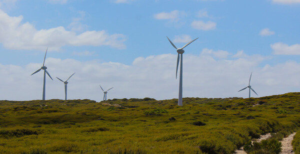 Wind turbines across hilly grassed landscape with blue sky overhead